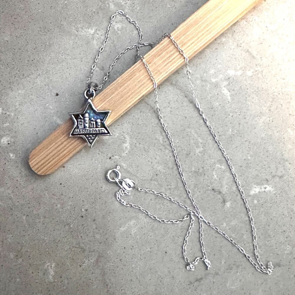 Sterling Silver Lab Opal Pendant Star of David Jerusalem Necklace